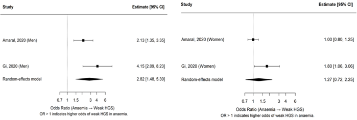 4a) pooled association between anaemia and weak grip among Men 4b) pooled association between anaemia and weak grip among Women